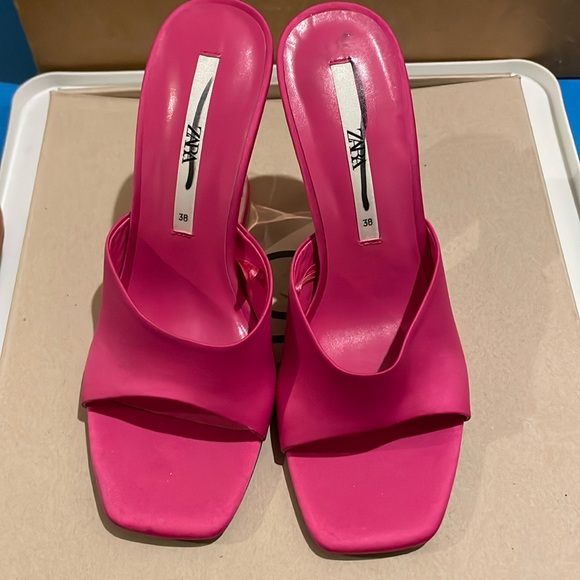Zara Pink Stain Mules/Sandals | Clear Heel | Hot Pink - Picture 2 of 10